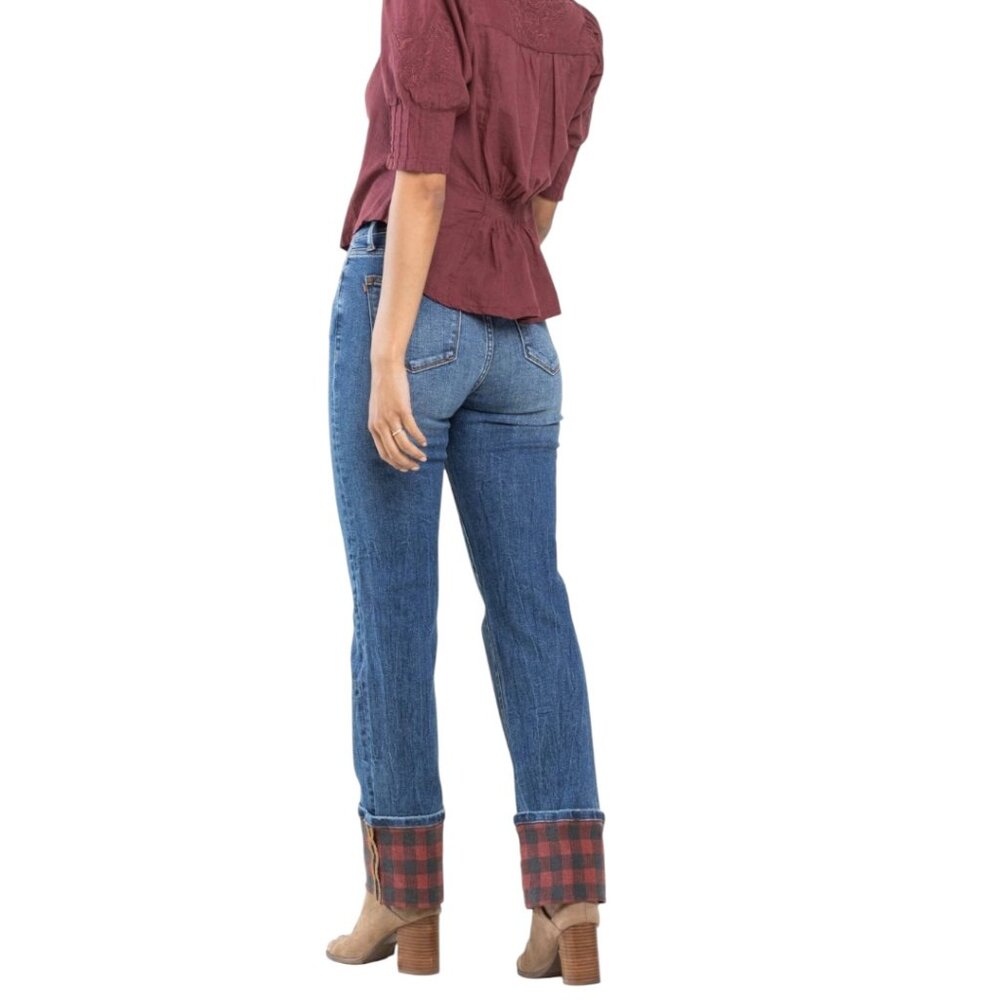 NWT Judy Blue Plaid Cuffed High Rise Straight Leg Medium Wash Size 0/24 JB88707 - Picture 3 of 3